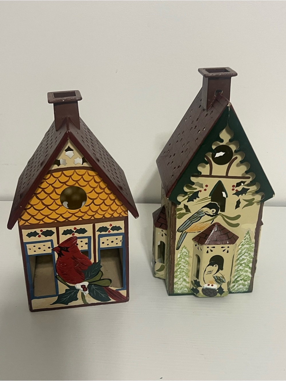 Two Vintage Lenox Winter Greetings Metal Birdhouse Votive Candle Holders